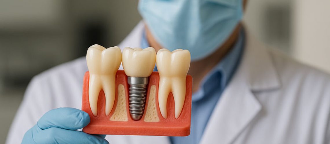 Male dentist holding a model of a dental implant, has a mask on, dental office