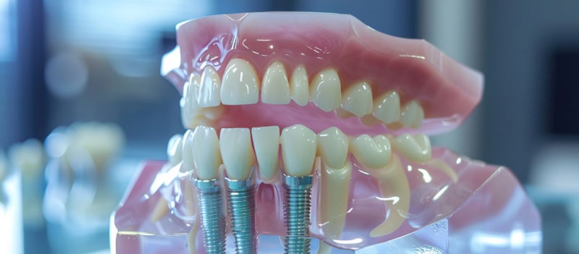 Dental implant, artificial tooth roots into jaw, root canal of dental treatment, gum disease, teeth model for dentist studying about dentistry.